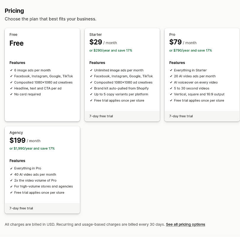 Pricing screenshot