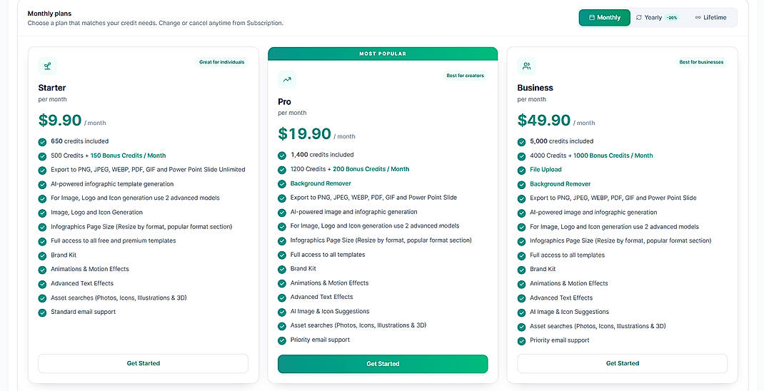 Pricing screenshot