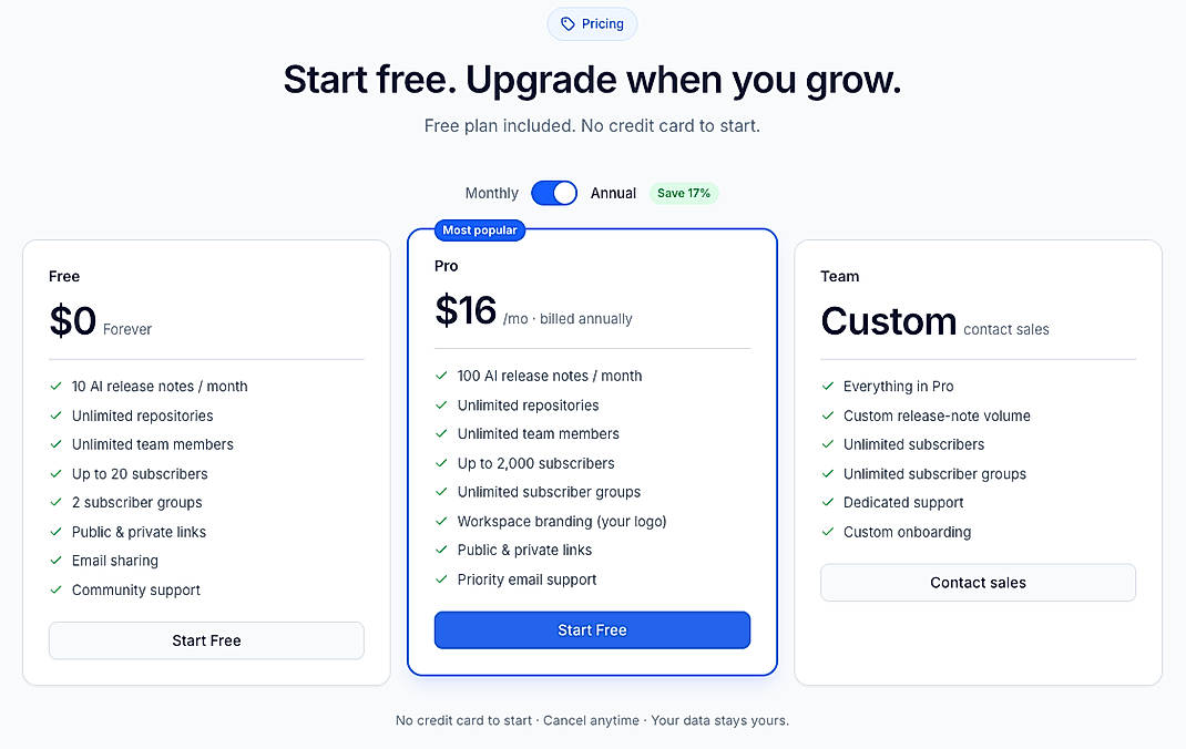 Pricing screenshot