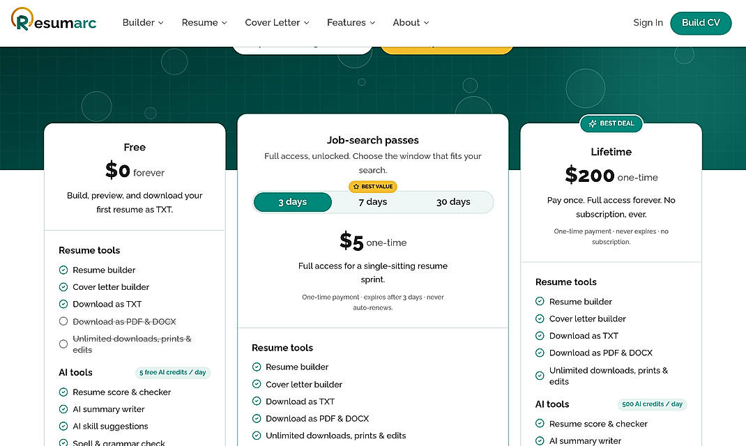 Pricing screenshot