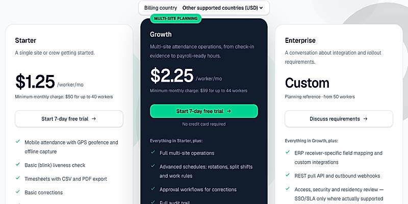 Pricing screenshot