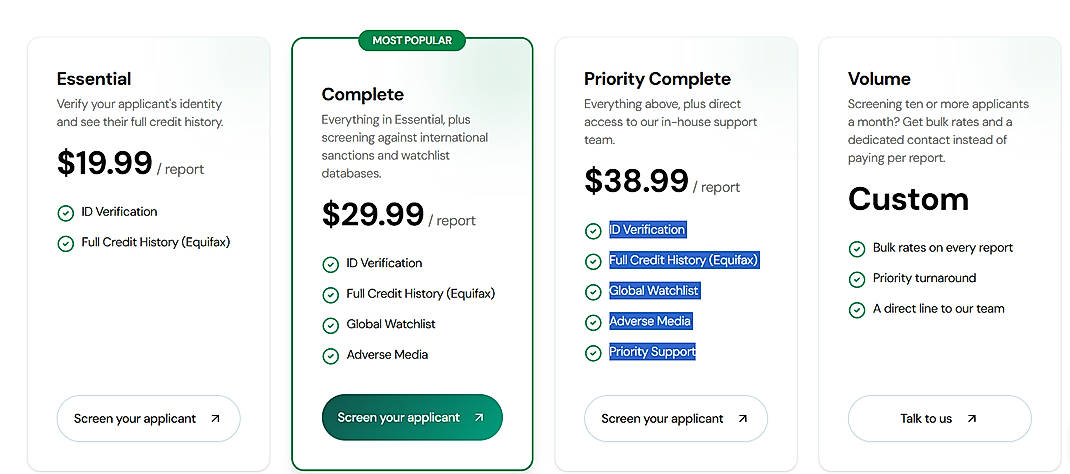 Pricing screenshot