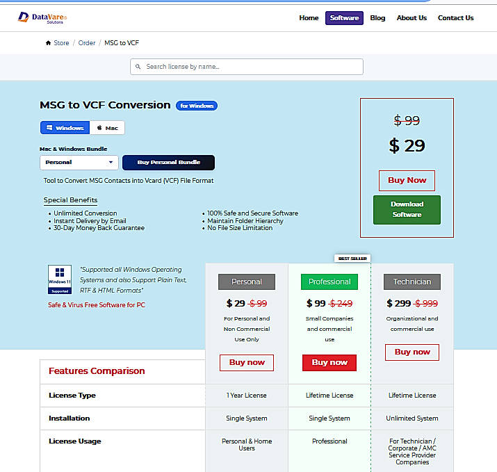 Pricing screenshot