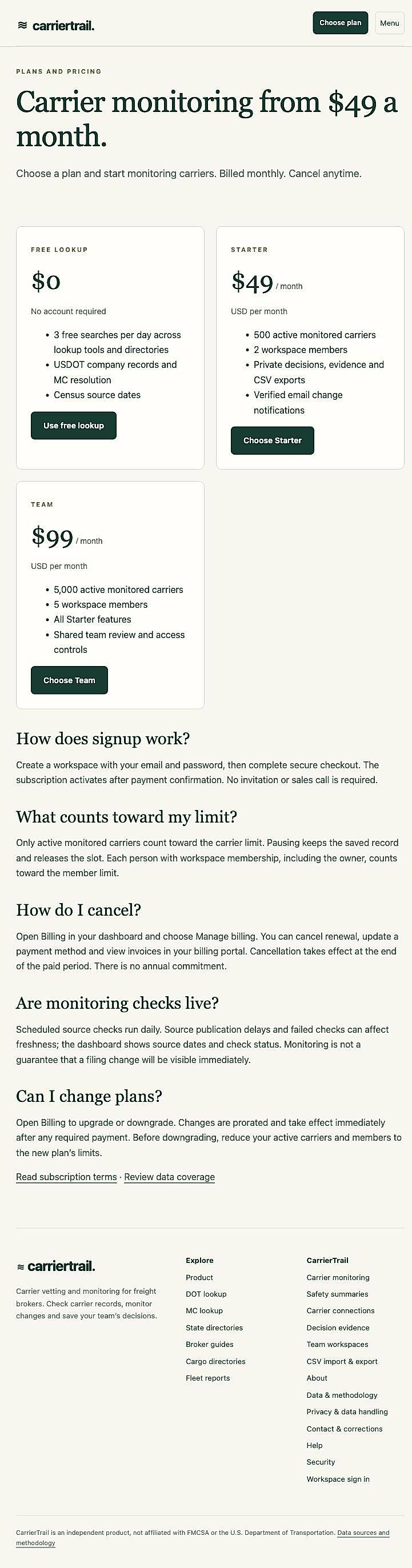 Pricing screenshot