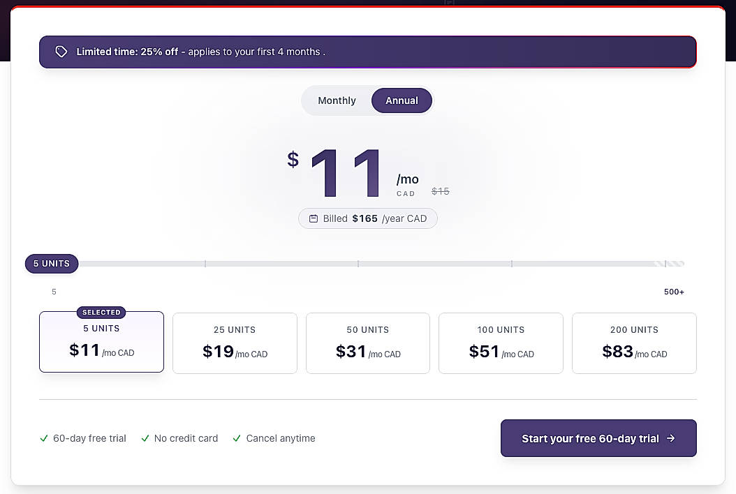 Pricing screenshot