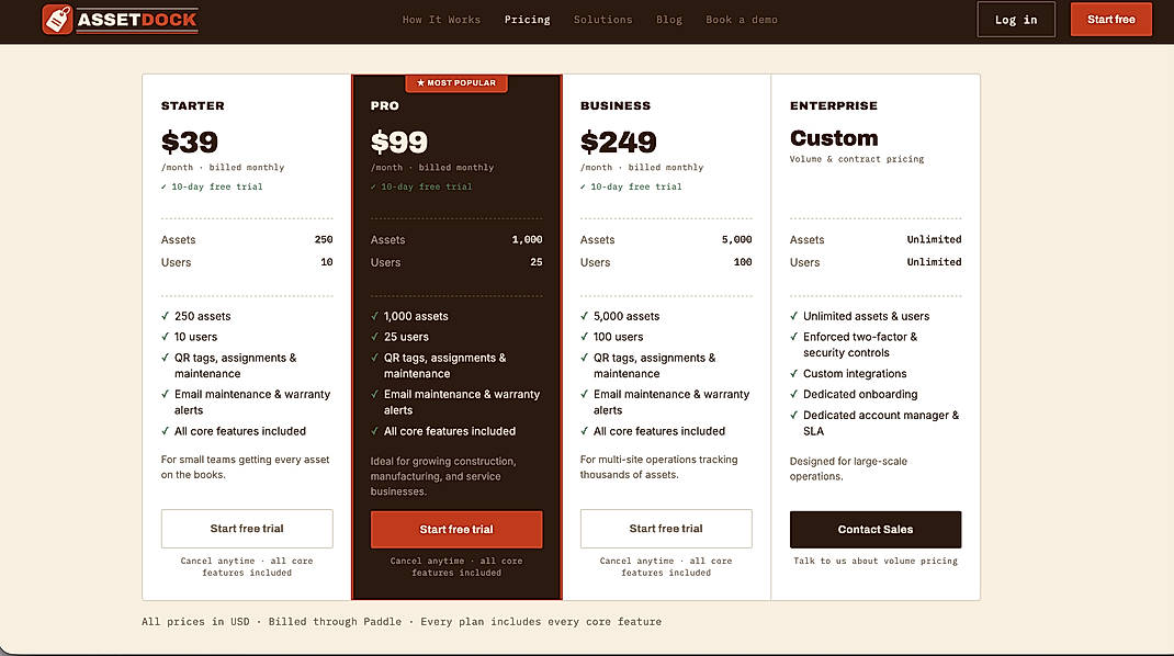 Pricing screenshot