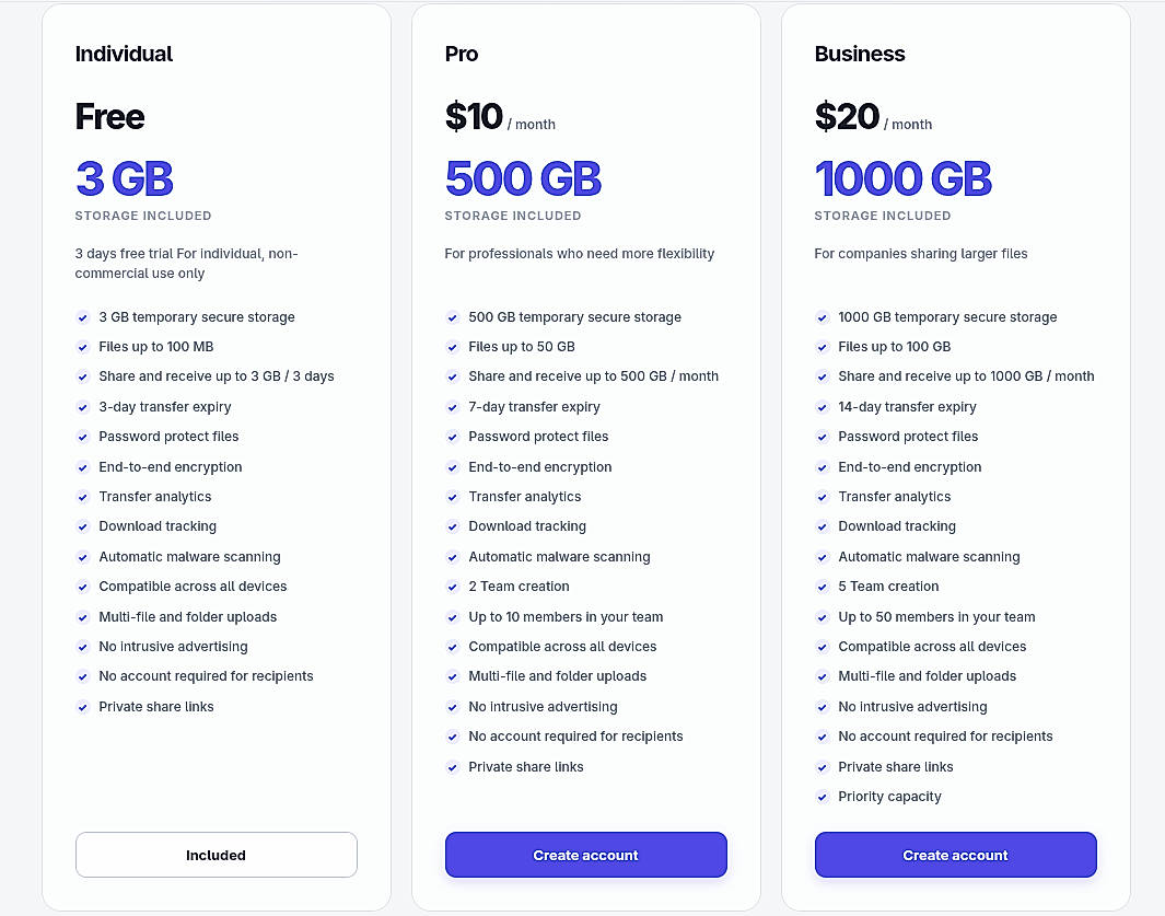 Pricing screenshot