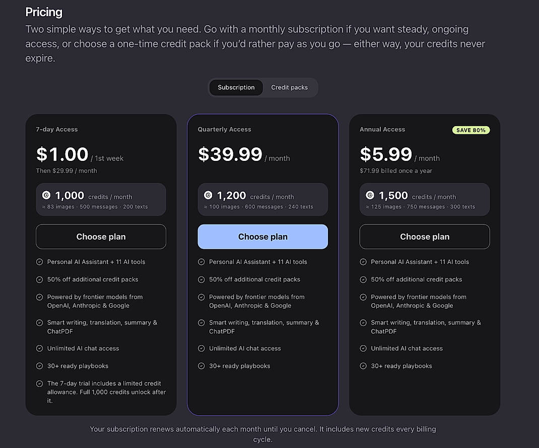 Pricing screenshot