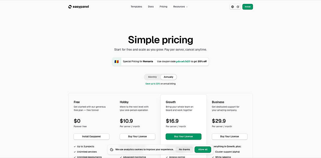 Pricing screenshot