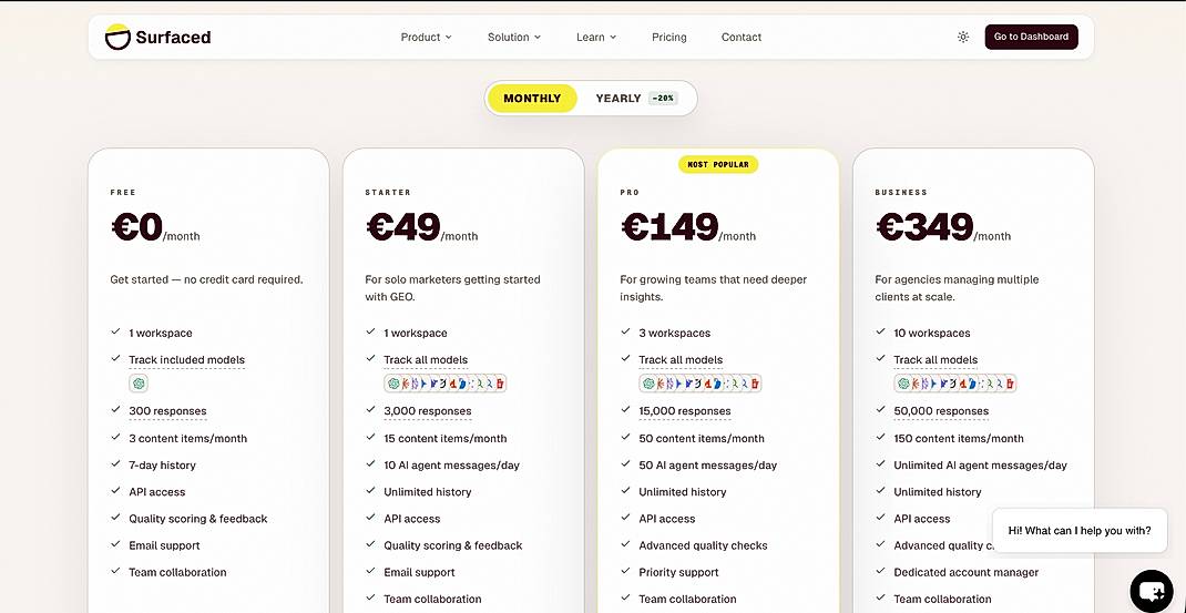 Pricing screenshot