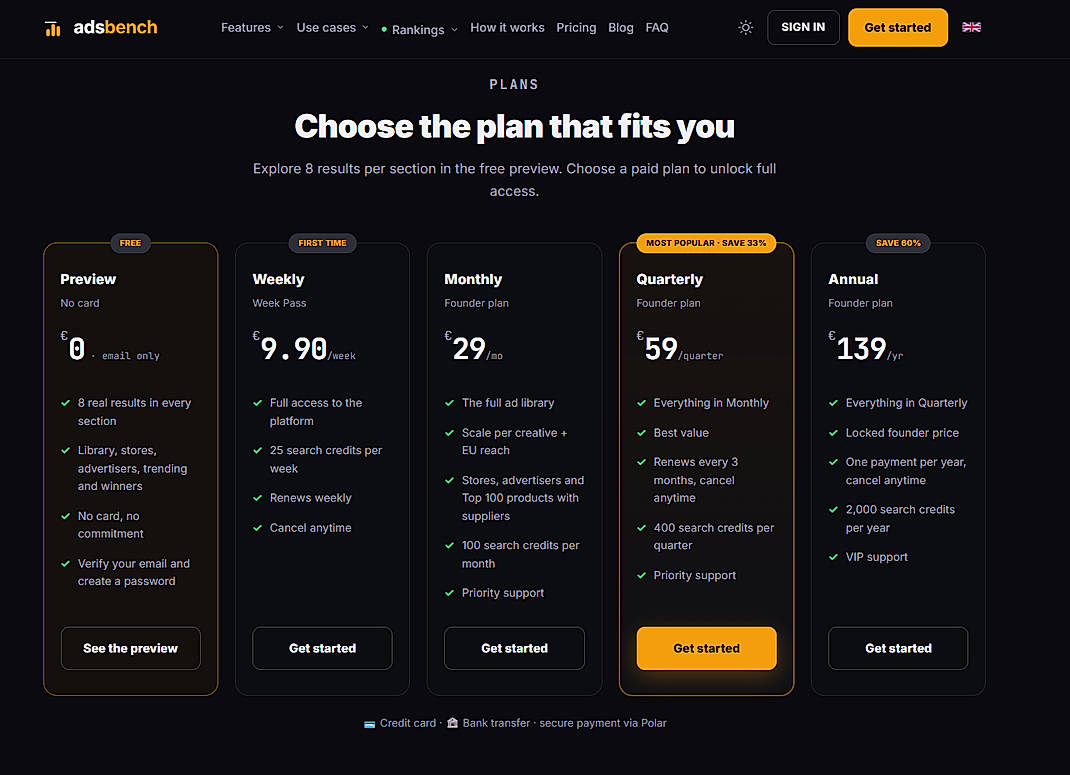 Pricing screenshot
