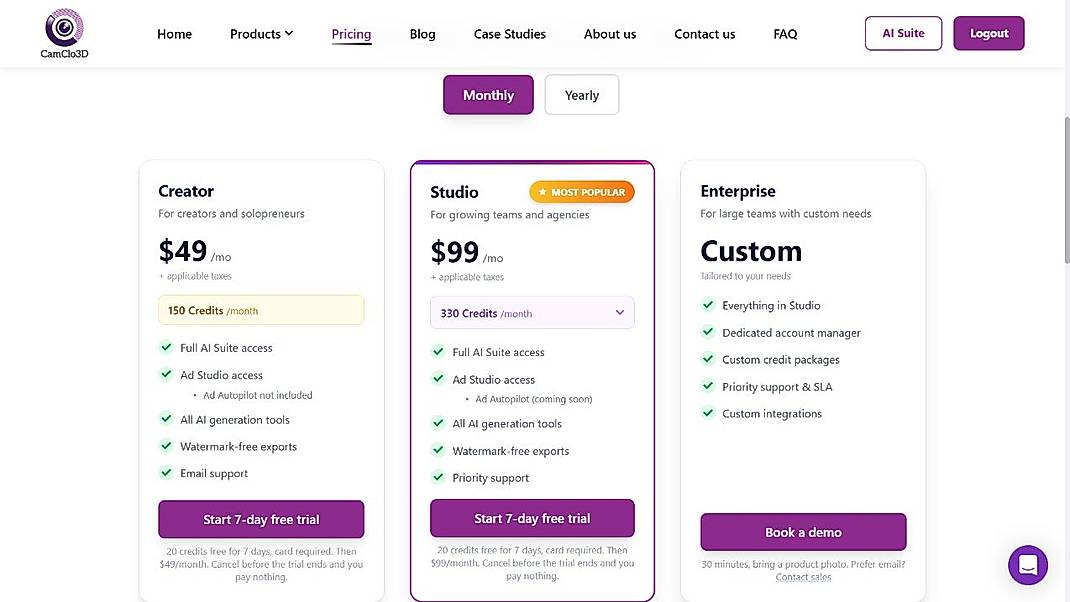Pricing screenshot