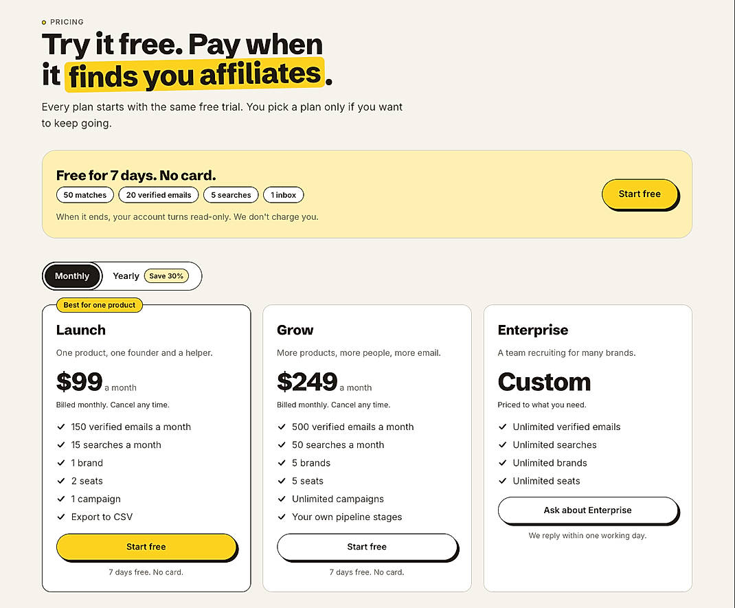 Pricing screenshot