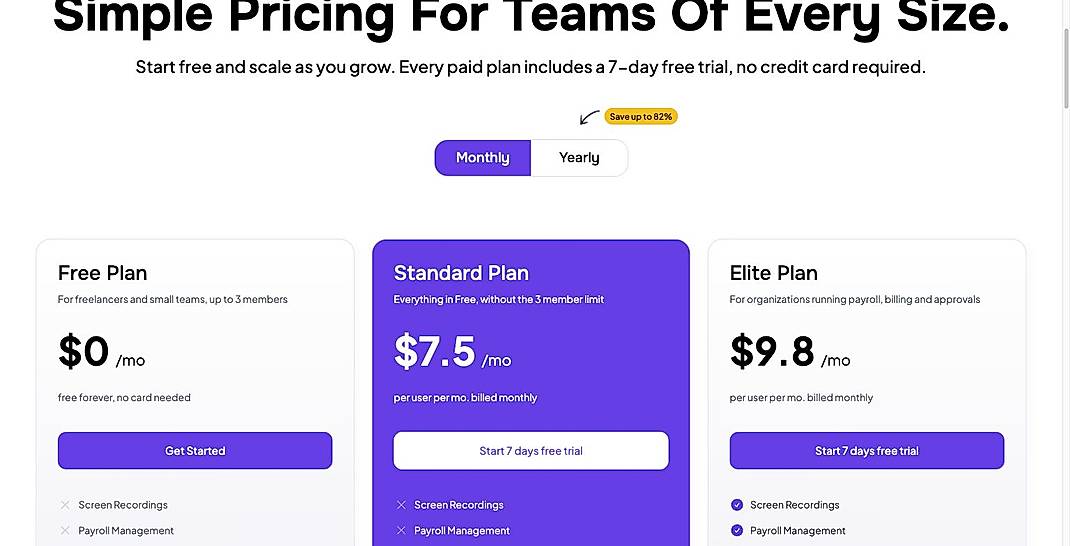 Pricing screenshot