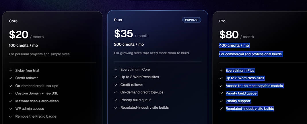 Pricing screenshot