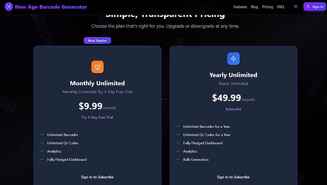 Pricing screenshot