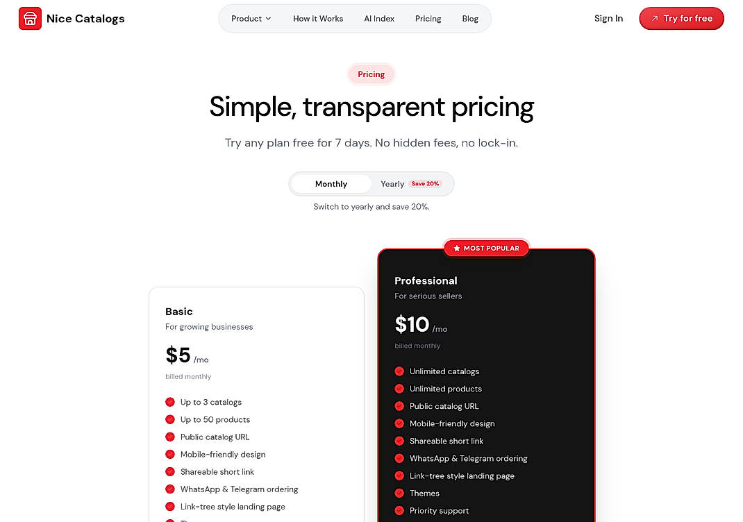 Pricing screenshot