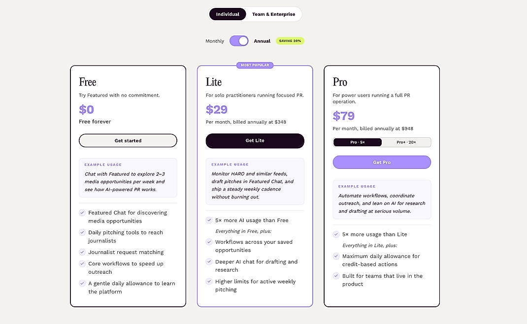 Pricing screenshot