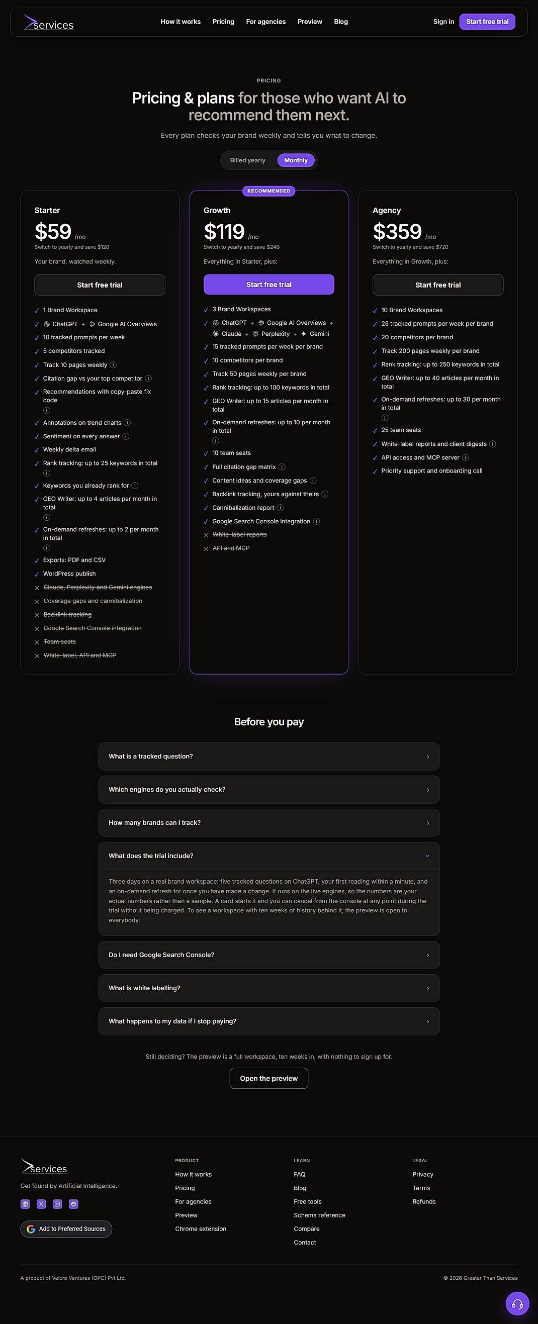 Pricing screenshot