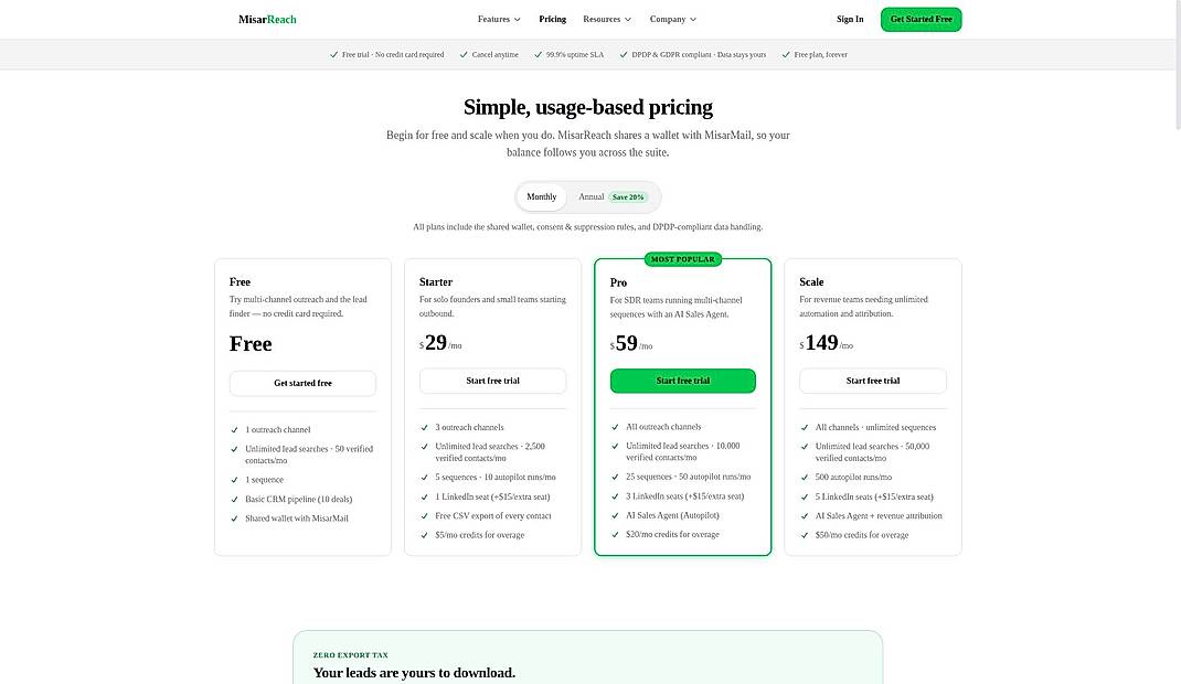 Pricing screenshot
