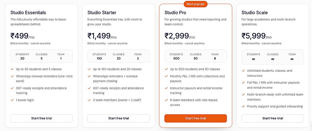 Pricing screenshot