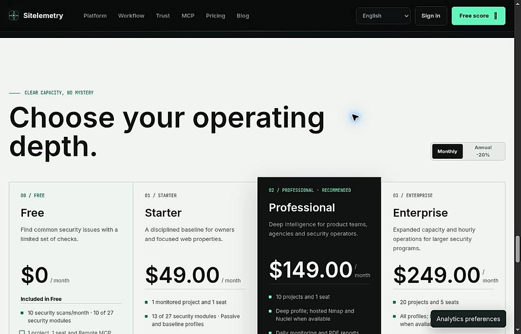 Pricing screenshot