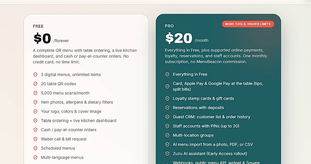 Pricing screenshot