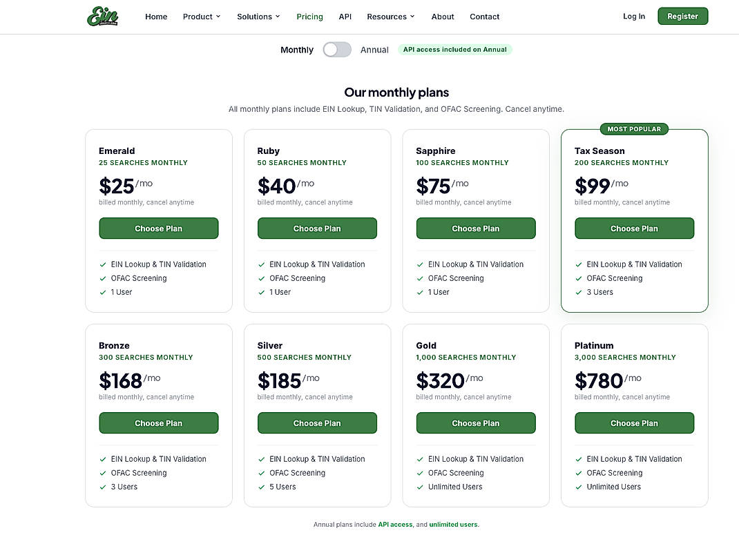 Pricing screenshot