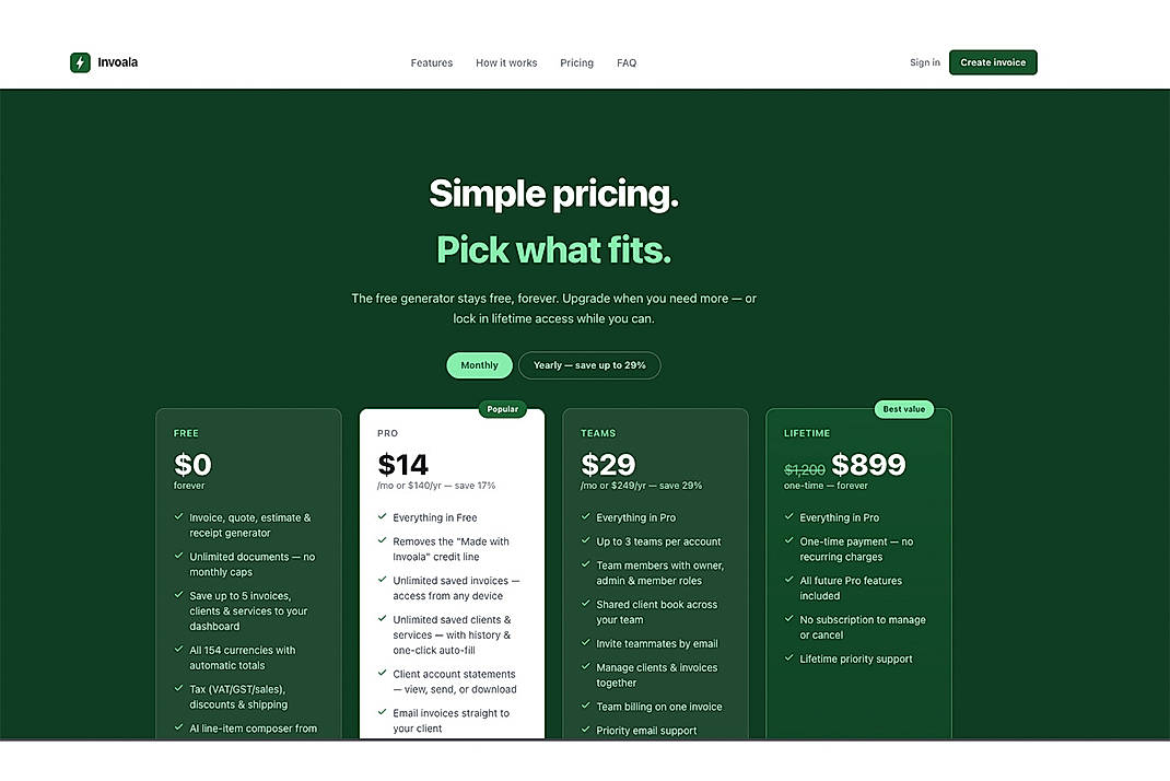 Pricing screenshot