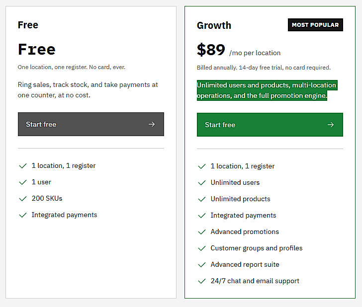 Pricing screenshot