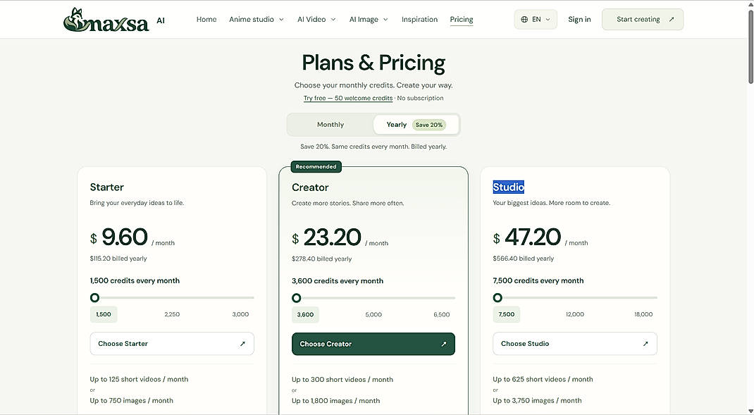 Pricing screenshot