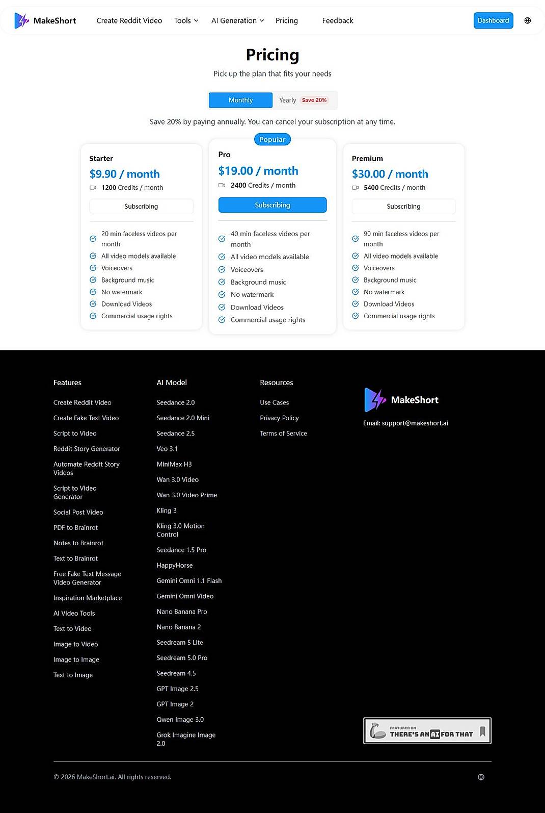 Pricing screenshot