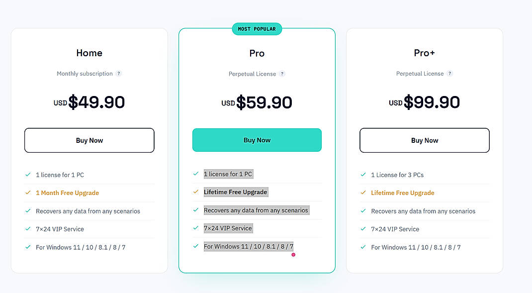 Pricing screenshot