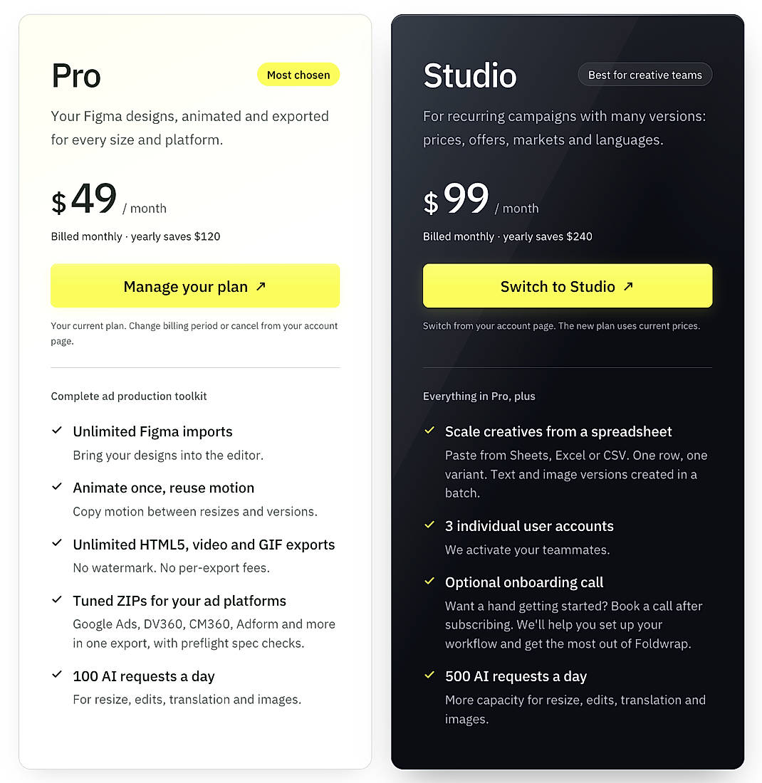 Pricing screenshot