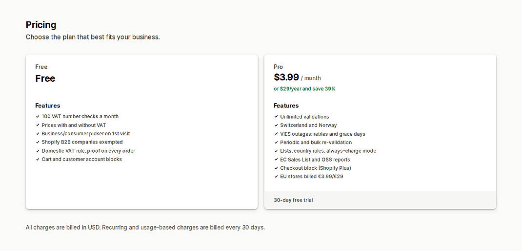 Pricing screenshot