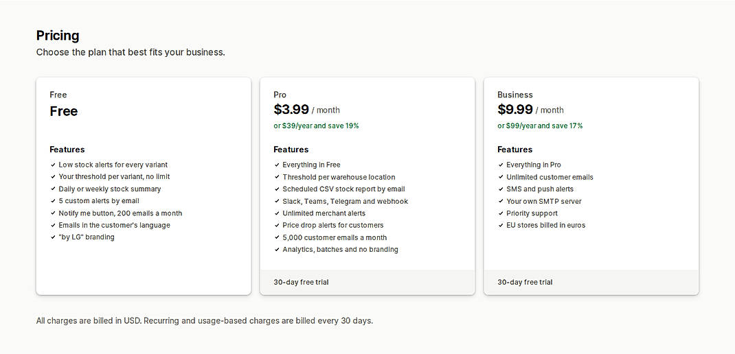 Pricing screenshot