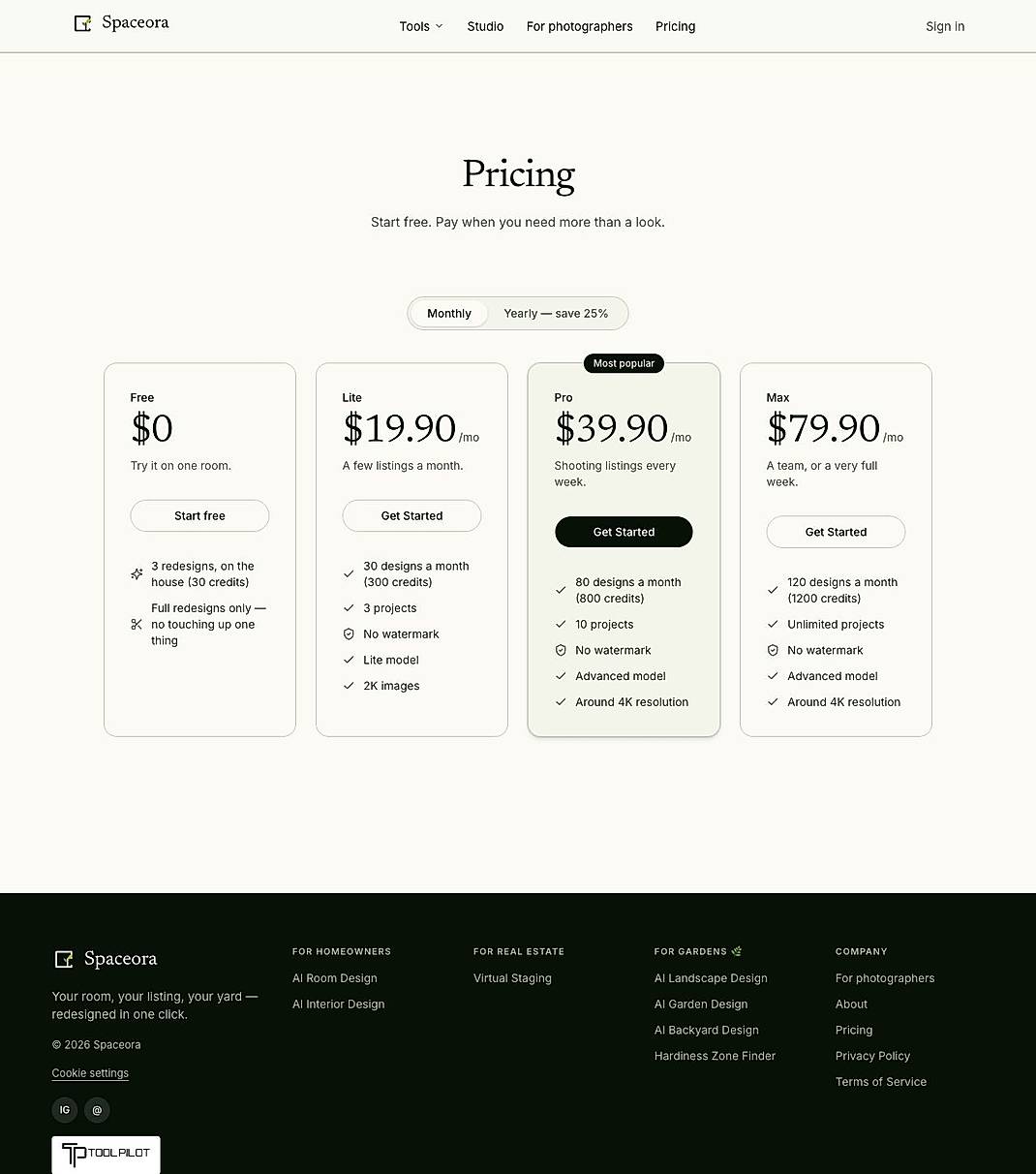 Pricing screenshot