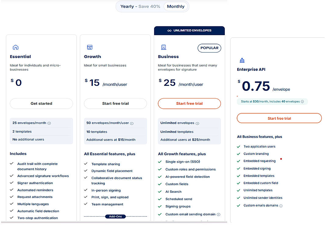 Pricing screenshot