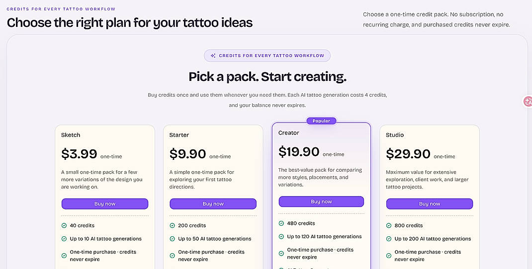 Pricing screenshot
