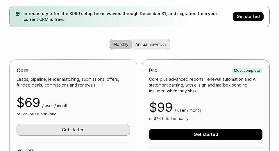 Pricing screenshot