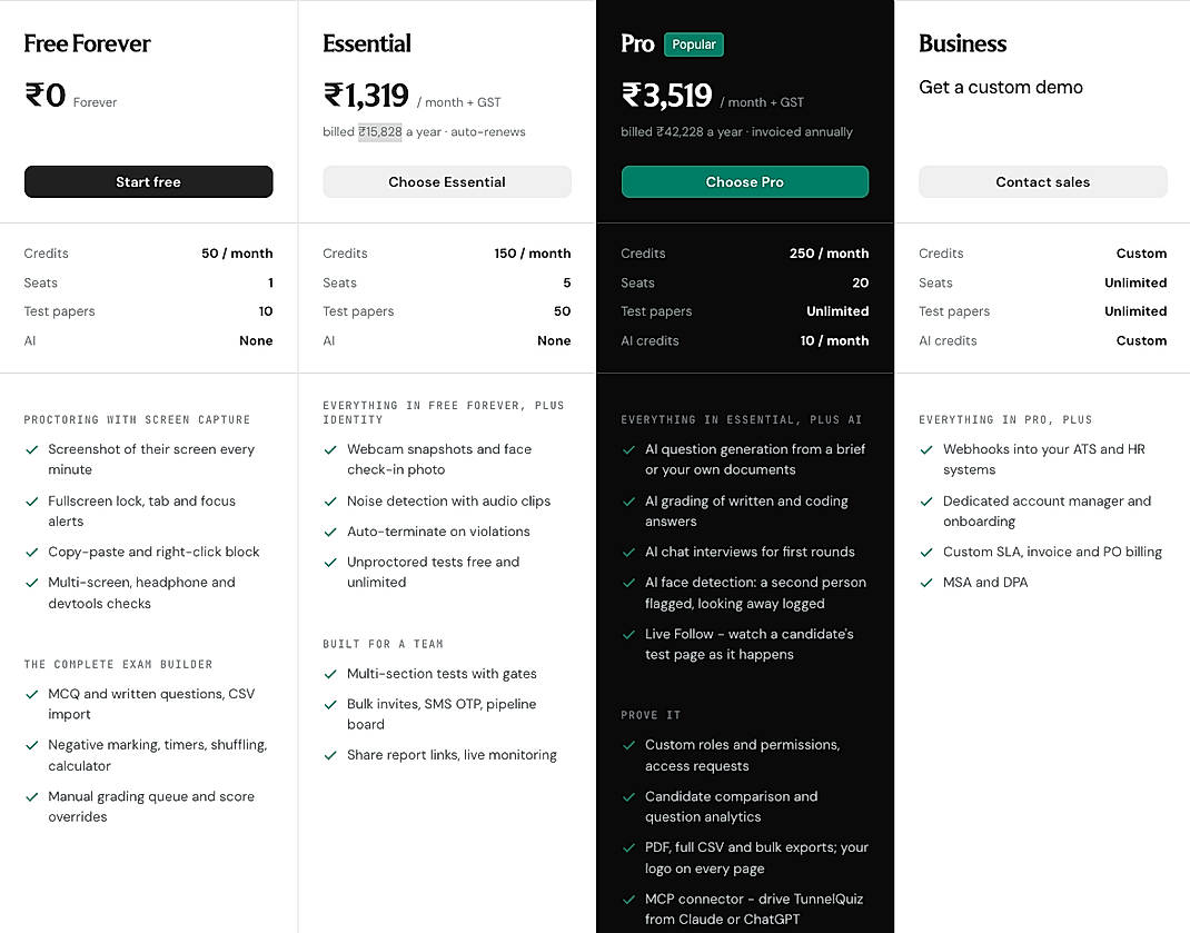 Pricing screenshot