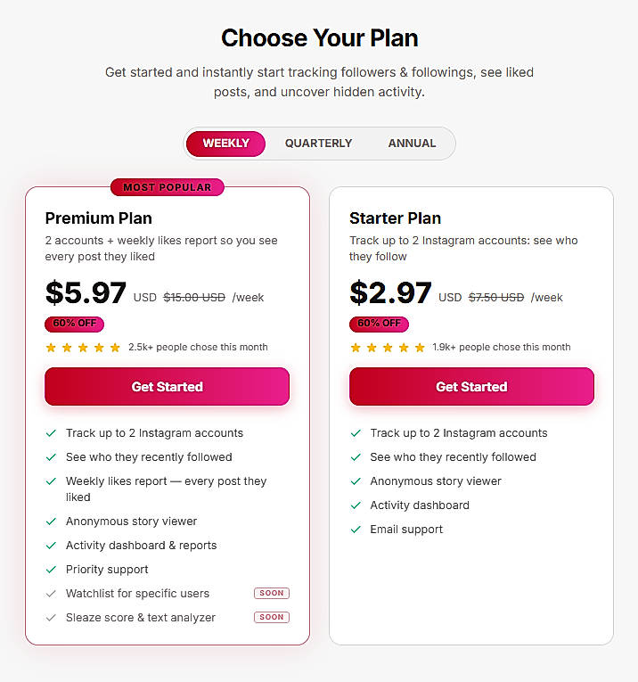 Pricing screenshot