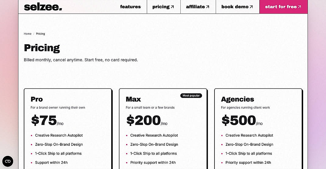 Pricing screenshot