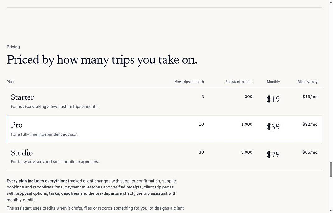 Pricing screenshot