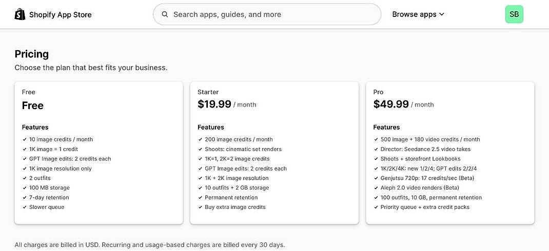 Pricing screenshot