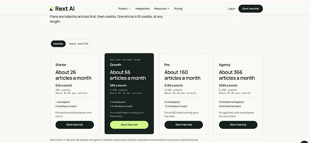 Pricing screenshot