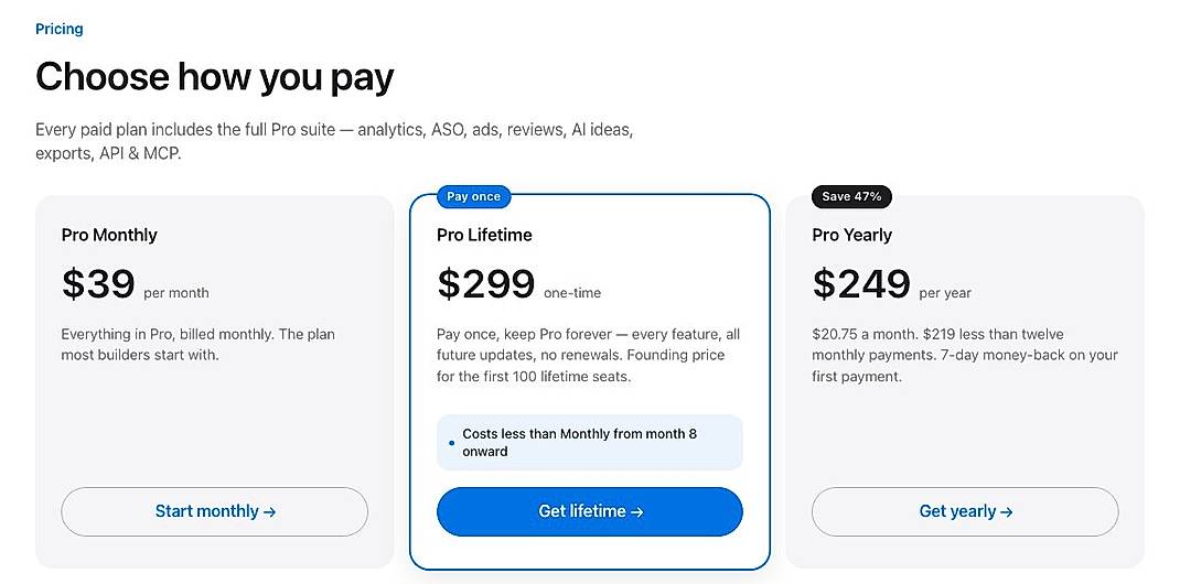 Pricing screenshot