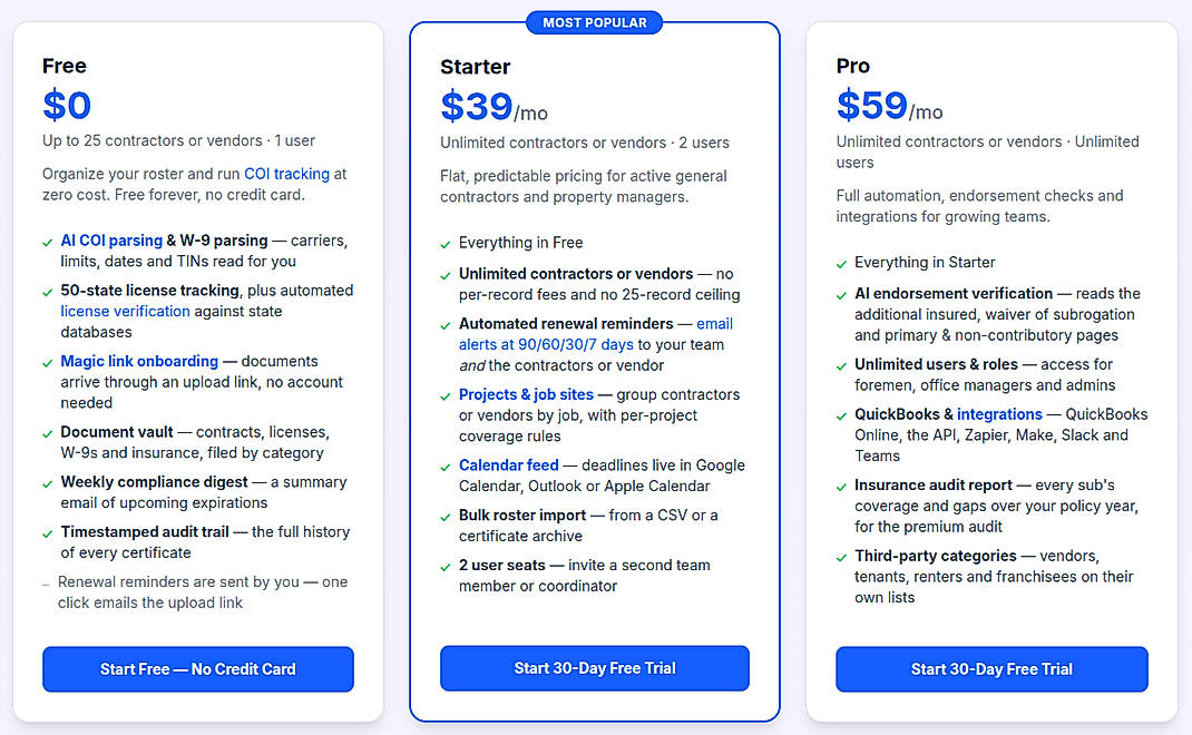 Pricing screenshot