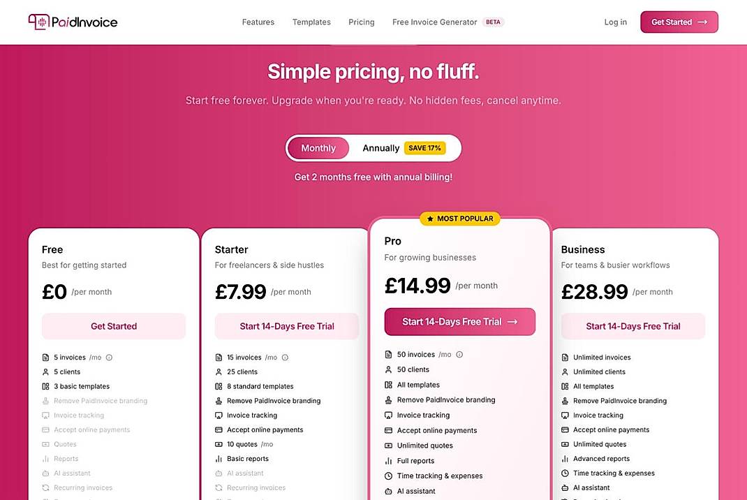 Pricing screenshot