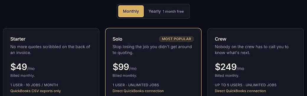 Pricing screenshot